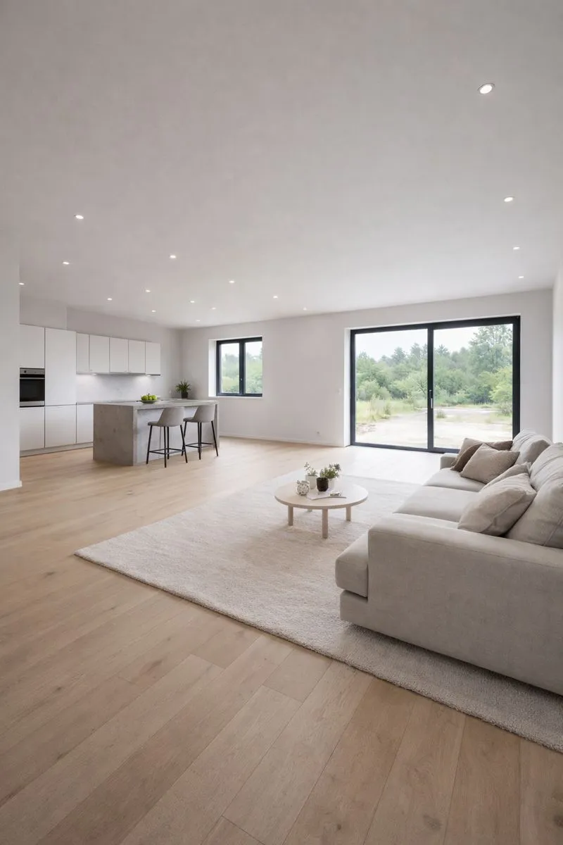 Интерьер после ремонта от Nexor — современная гостиная с панорамными окнами