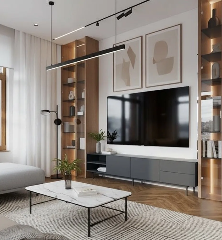 Гостиная ТВ зона — ремонт дома 142 м² КП Павловы Озёра Гостиная с ТВ зоной после ремонта дома 142 м² КП Павловы Озёра