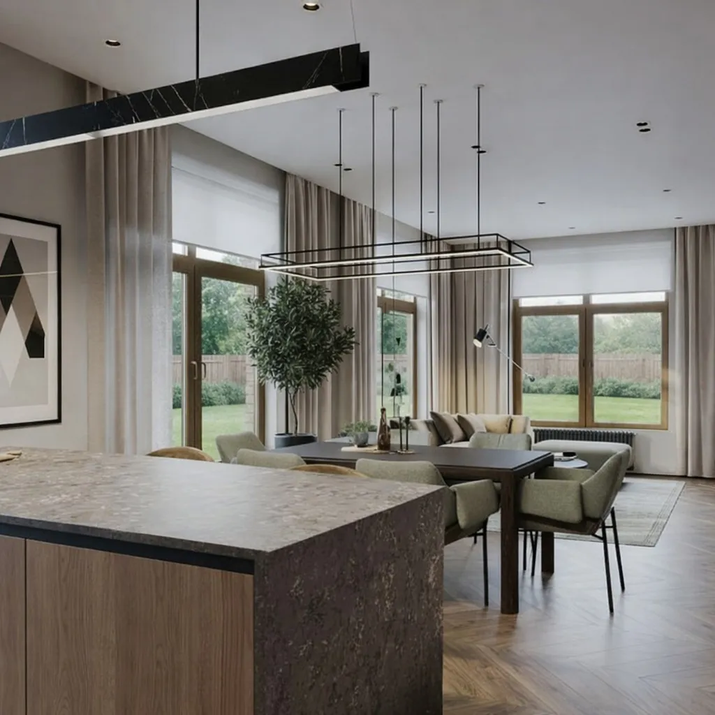 Кухня-гостиная — ремонт дома 142 м² КП Павловы Озёра Кухня-гостиная с обеденной зоной после ремонта дома 142 м² КП Павловы Озёра