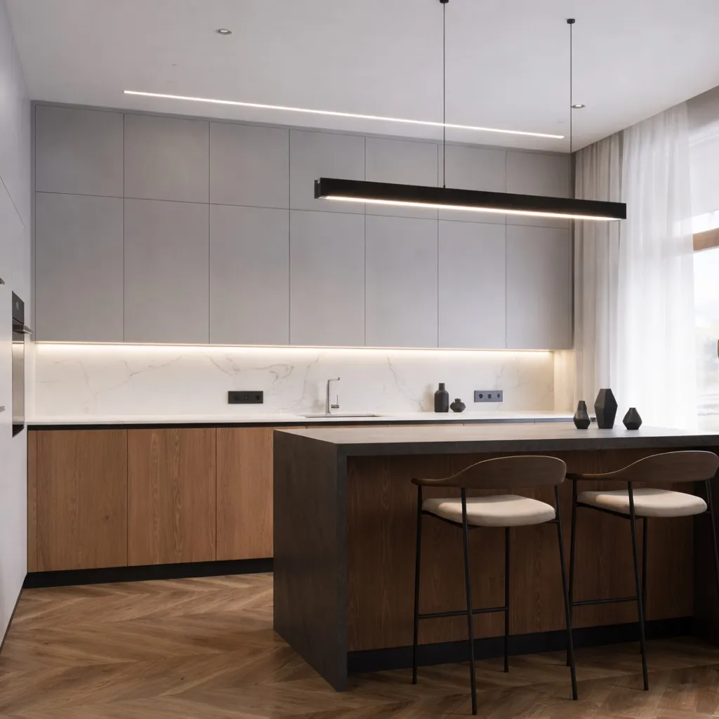 ремонт дома 142 м2 КП Павловы Озёра кухня с островом современный интерьер