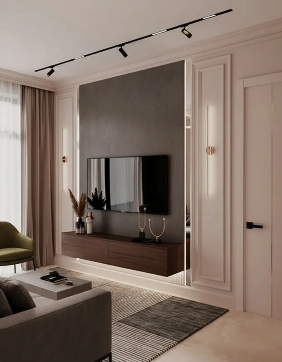 Гостиная с ТВ-зоной после ремонта частного дома 200 м², КП Аносино Парк — современный интерьер и встроенная мебель