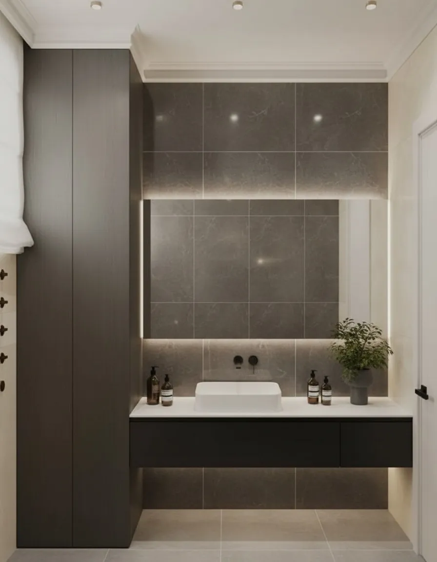 Санузел после ремонта в частном доме, КП Аносино Парк — встроенная мебель и современная отделка