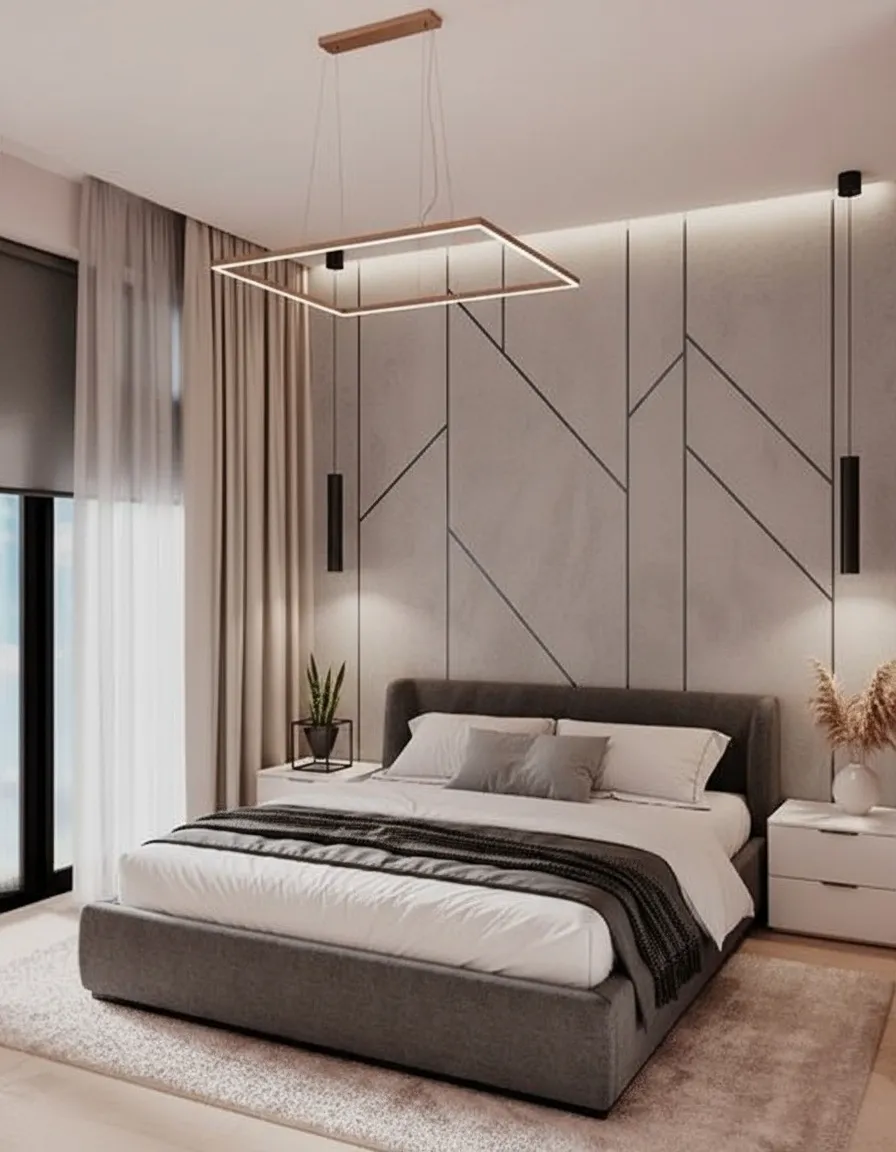 Master-спальня после ремонта дома под ключ, КП Аносино Парк — современный интерьер, мягкая стеновая панель и встроенное освещение