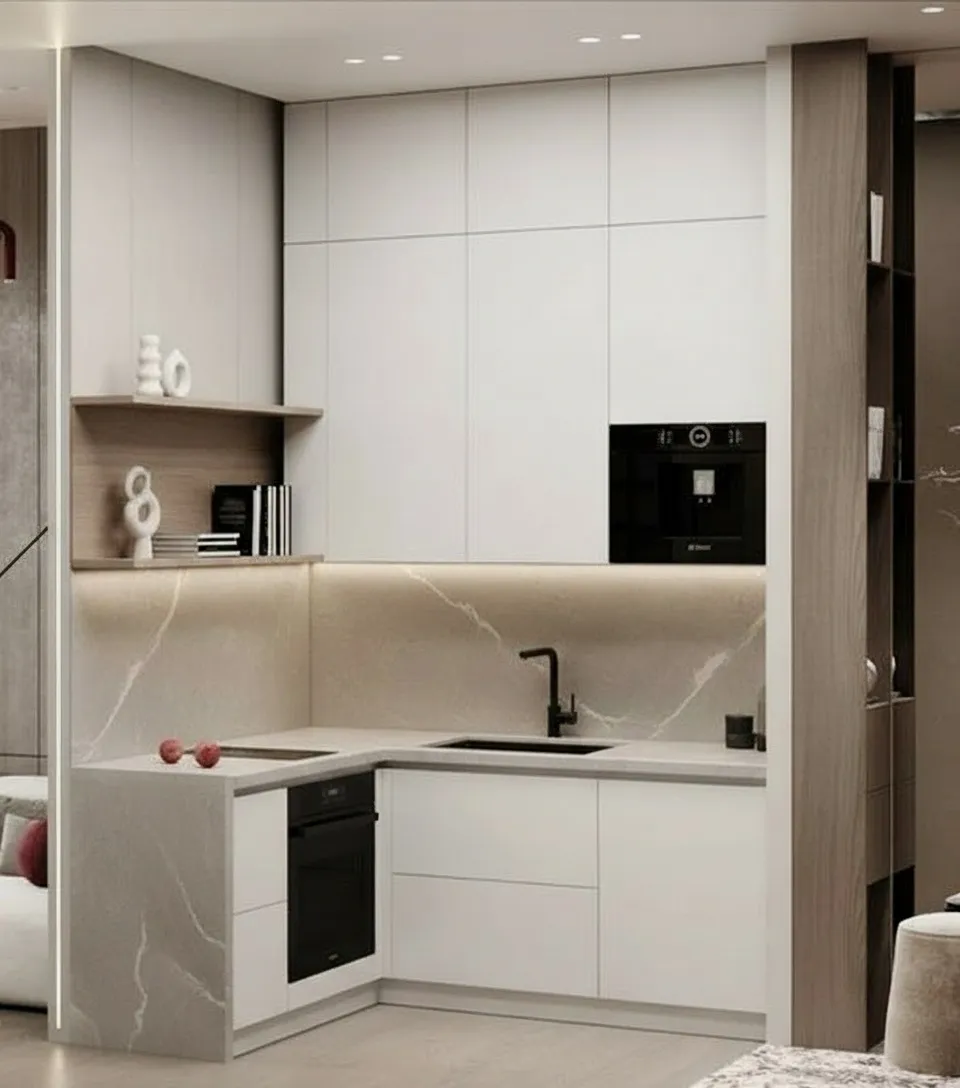 ремонт кухни в квартире 39 м² ЖК Люблинский парк Москва — современная встроенная кухня, дизайнерский ремонт под ключ, интерьер кухни Nexor