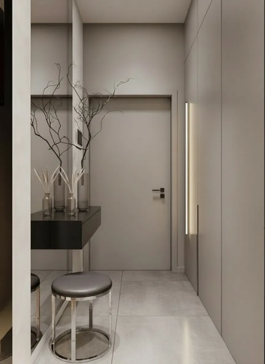 ремонт квартиры 39 м² в ЖК Люблинский парк Москва — современная прихожая со встроенным шкафом, зеркалом и системой хранения, дизайн и ремонт под ключ Nexor