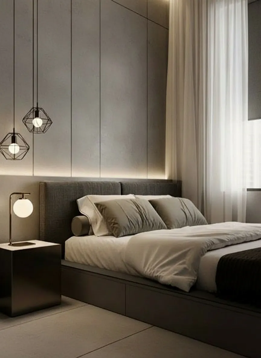 ремонт спальни в квартире 39 м² ЖК Люблинский парк Москва — современный минимализм, встроенные шкафы, дизайнерский интерьер спальни после ремонта Nexor