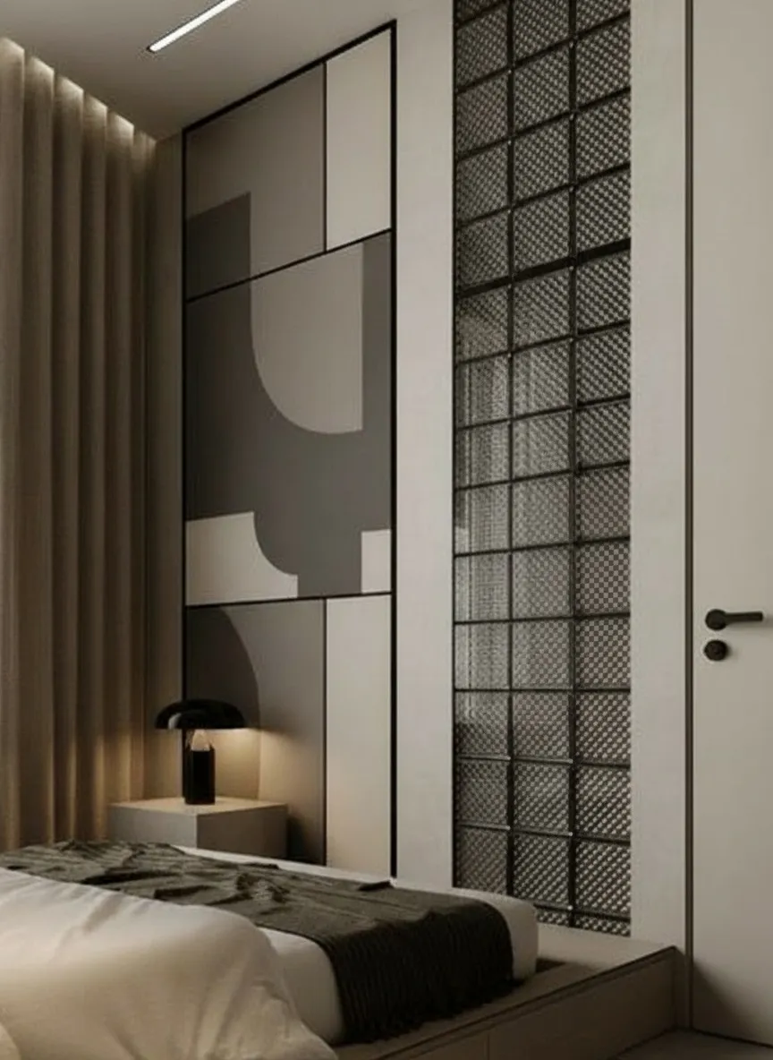 ремонт спальни в квартире 39 м² ЖК Люблинский парк Москва — акцентная стена, дизайнерский интерьер спальни, ремонт под ключ Nexor