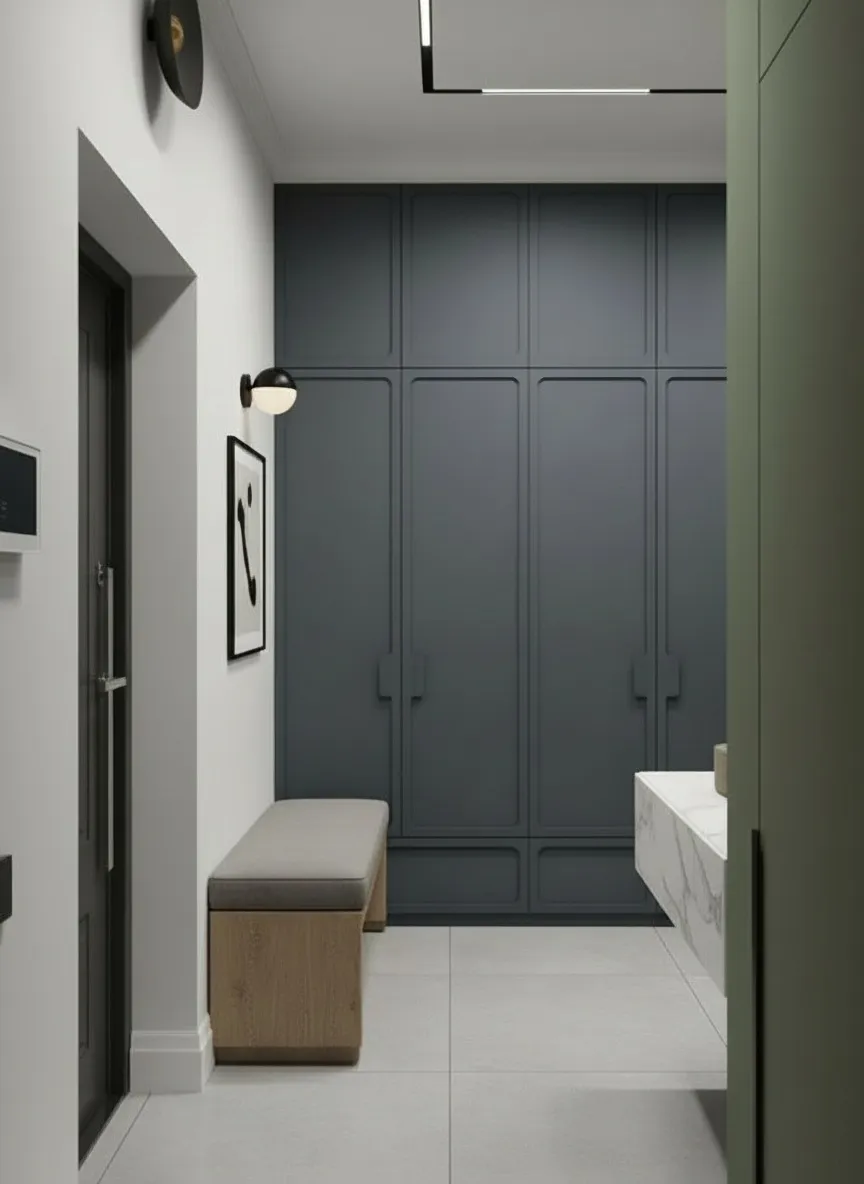 Прихожая после капитального ремонта квартиры 60 м2 ЖК Level Южнопортовая, встроенные шкафы, современный дизайн прихожей, система хранения, ремонт квартиры под ключ Москва фото