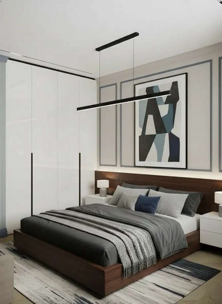 Спальня после капитального ремонта квартиры 60 м2 ЖК Level Южнопортовая, современный дизайн спальни минимализм, встроенные шкафы, мягкое освещение, дизайнерский ремонт квартиры под ключ Москва