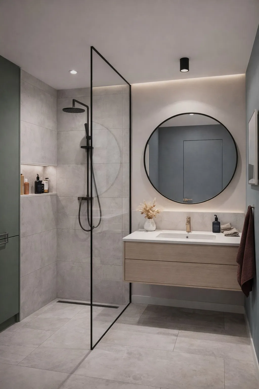 Ванная комната с душевой после капитального ремонта квартиры 94 м² ЖК Октябрьское Поле Москва современный санузел Nexor