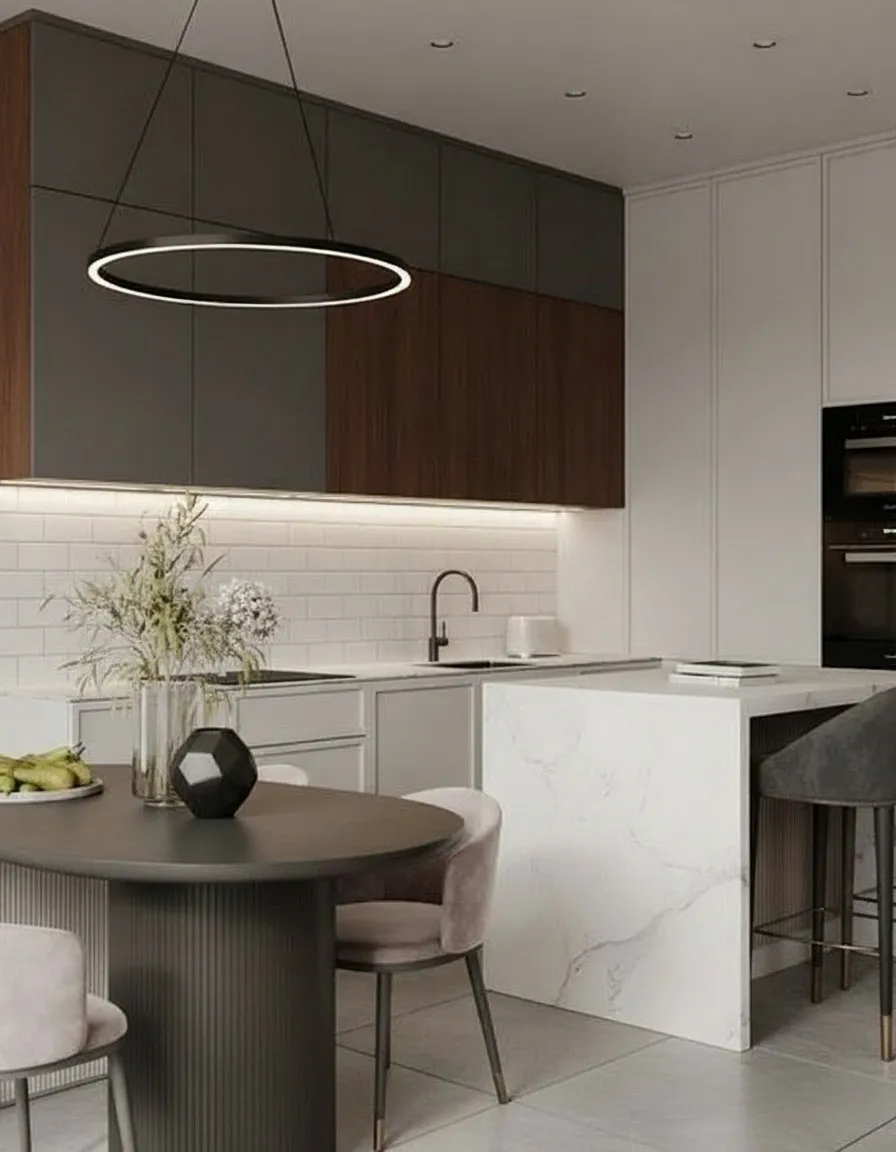 кухня гостиная с островом ремонт квартиры 115 м² ЖК Lucky Москва современный интерьер Nexor